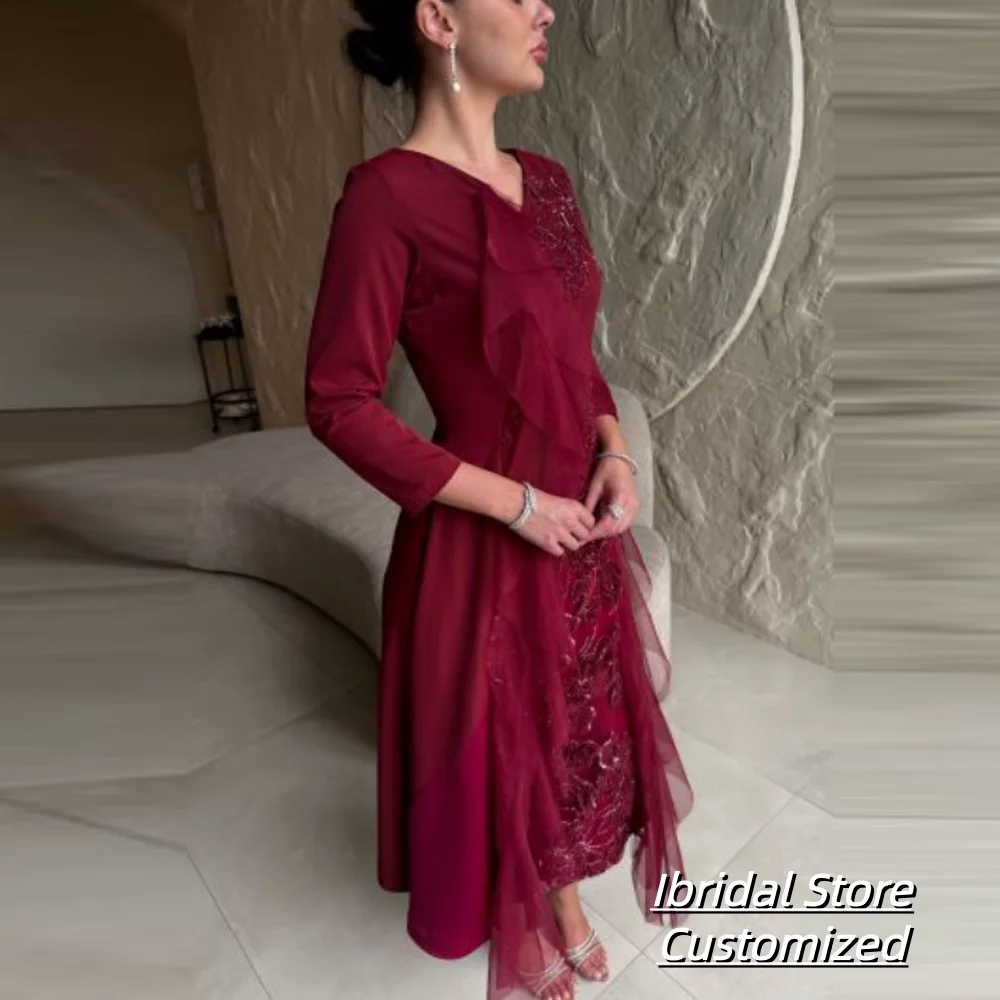 Vestido elegante personalizado con cuello en V para madre de la novia, gasa hasta el té, manga tres cuartos, Apliques de encaje, vestidos de fiesta