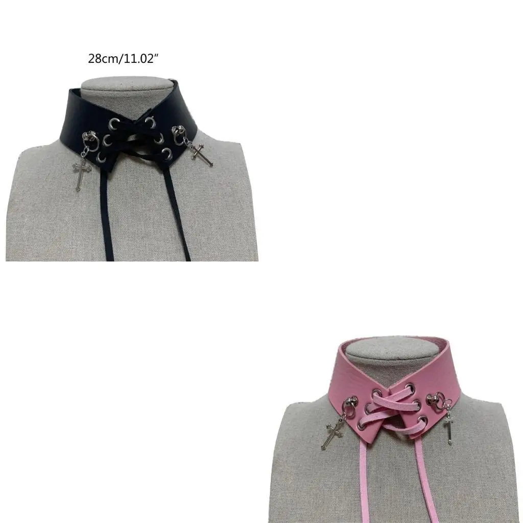 

652F Gothic Choker Necklace Decorative Faux Collar Lace Up PU Necklace for Teens Girl Steampunk Neckwear Subculture Accessory
