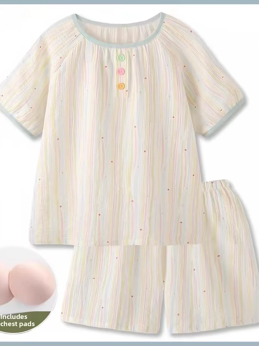 純綿薄手半袖女の赤ちゃん用パジャマセット通気性快適な夏服綿プリントゆったりフィットホームウェア