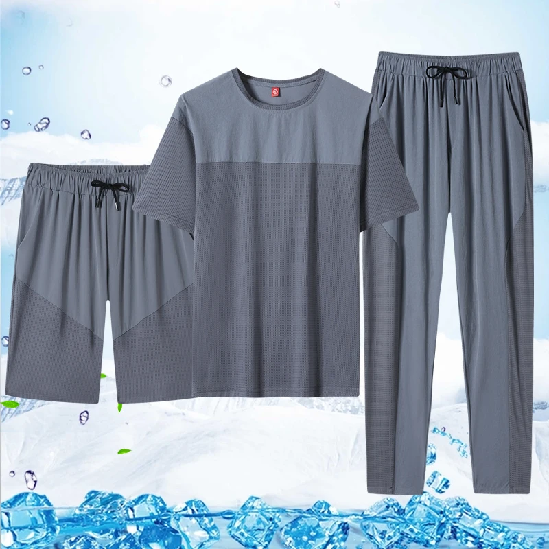 

3 Piece Quick-Drying Gym Set Men's Tracksuit Summer Sport Suit T-shirt Loose Breathable Ice Silk Outfits Casual Fashion Suits