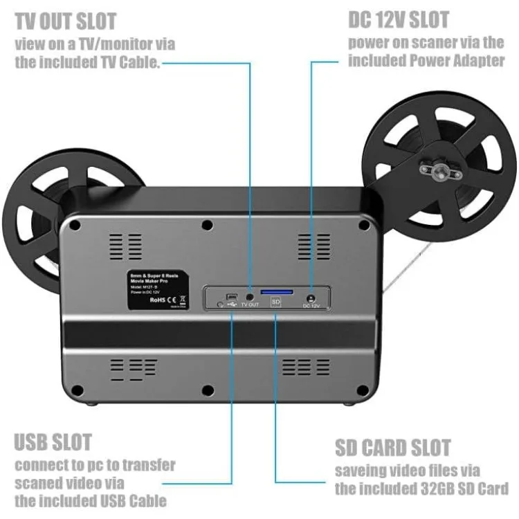 Conversor de filme para digital de 8 mm e super 8, digitalizador de scanner de filme com tela de 2,4", converte carretéis de 3 "5" 7 "9" em 1080P digital