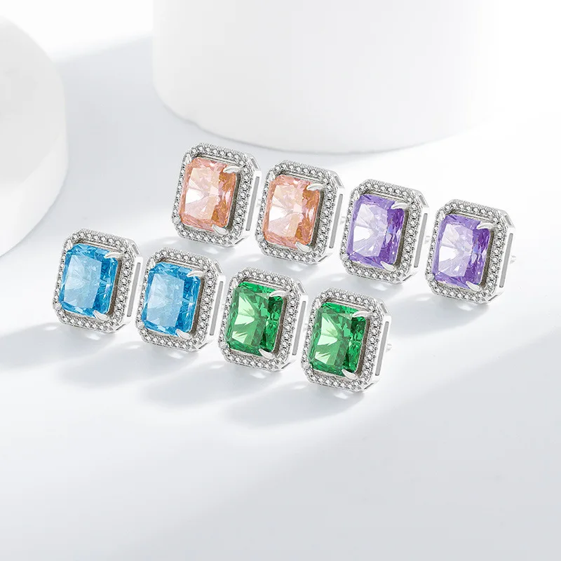 

925 Sterling Silver Ice Flower Cut Rectangular Stud Earrings High Carbon Diamond Earrings Birthday Anniversary Party Gift