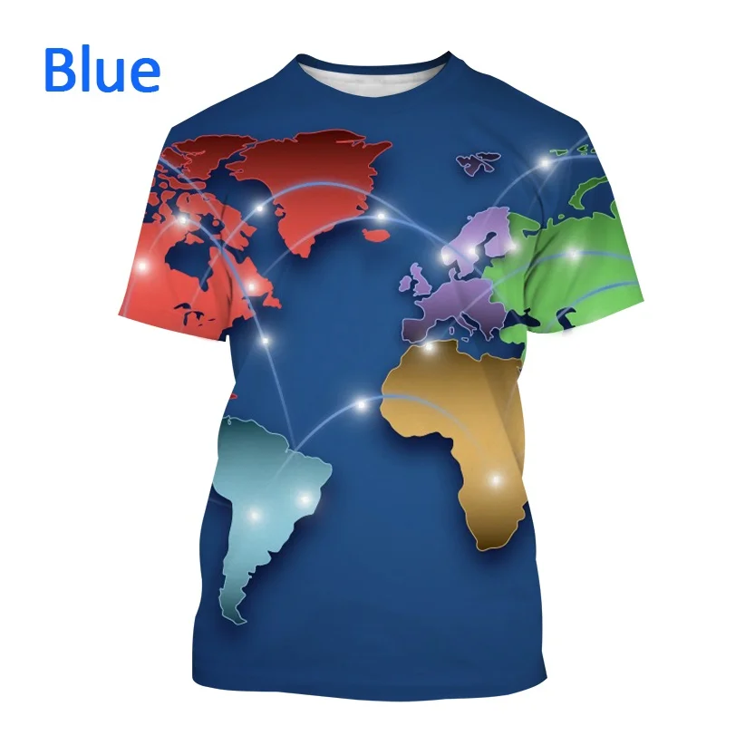 World Map 3D Printing Men\'s Short Sleeve T-Shirt World Map Plate Outline Design Men\'s and Women\'s Personality Short Sleeve Tops