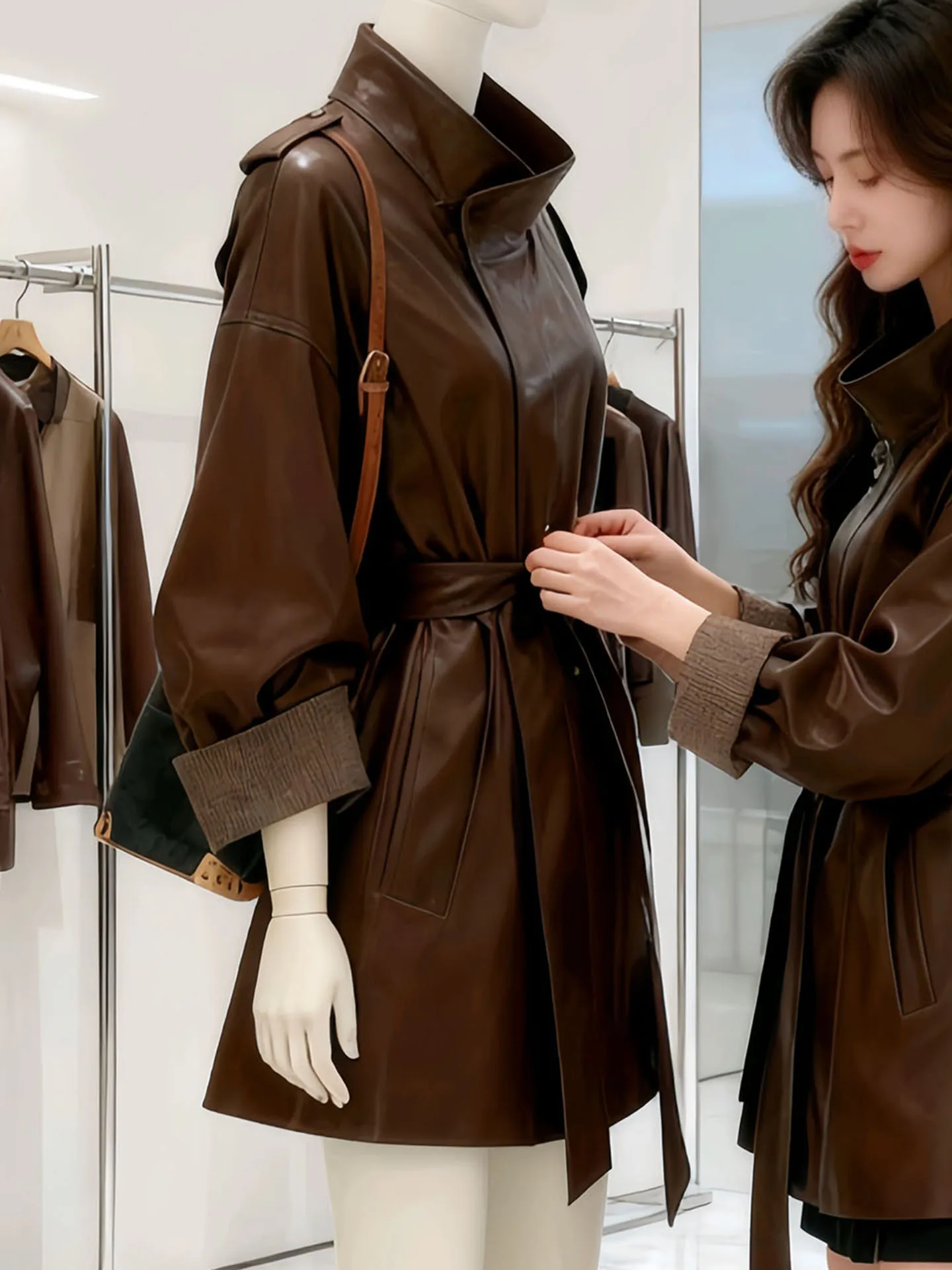 Chique com cinto gola longa jaet casaco de couro café feminino inverno novo sle versátil meados de comprimento personali topo