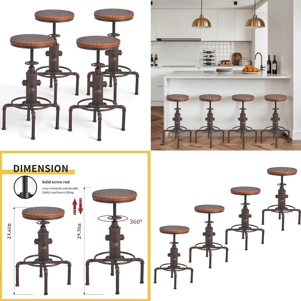 

of 4 Vintage Industrial Kitchen Counter Swivel Bar Stool Height Adjustable 23.629.5, Solid Wood Water Pipe Fire Cafe Pub Bar St