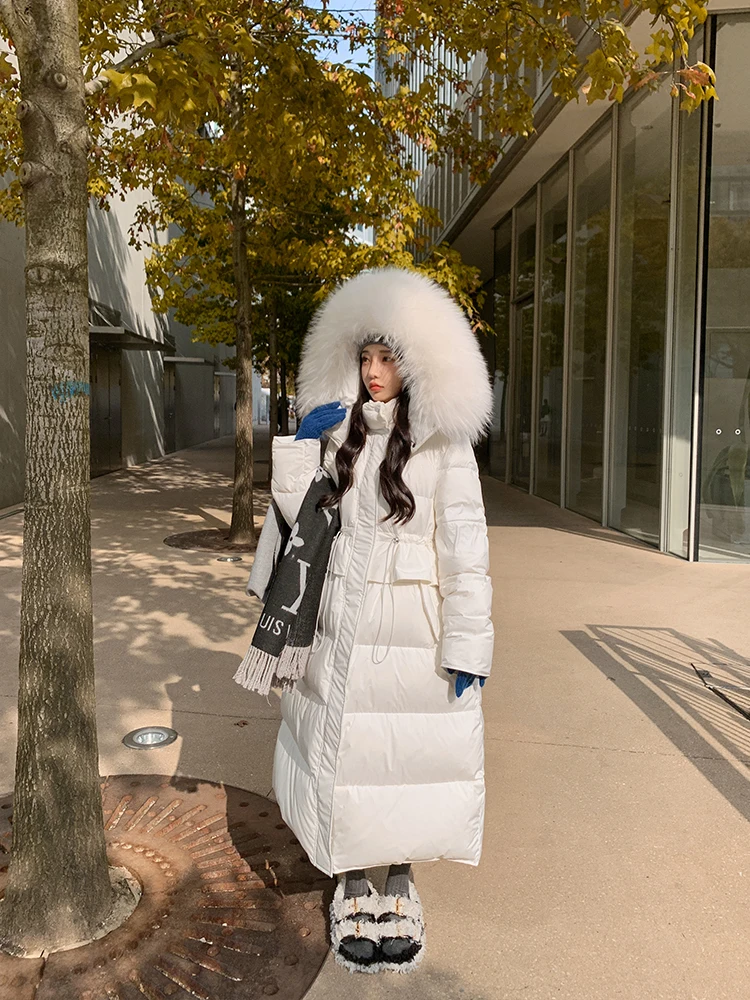 New Women Winter Sweet Down Jacket Long Detachable Large Real Raccoon Fur Hooded Coat 90 % White Duck Down Warm Snow Parkas