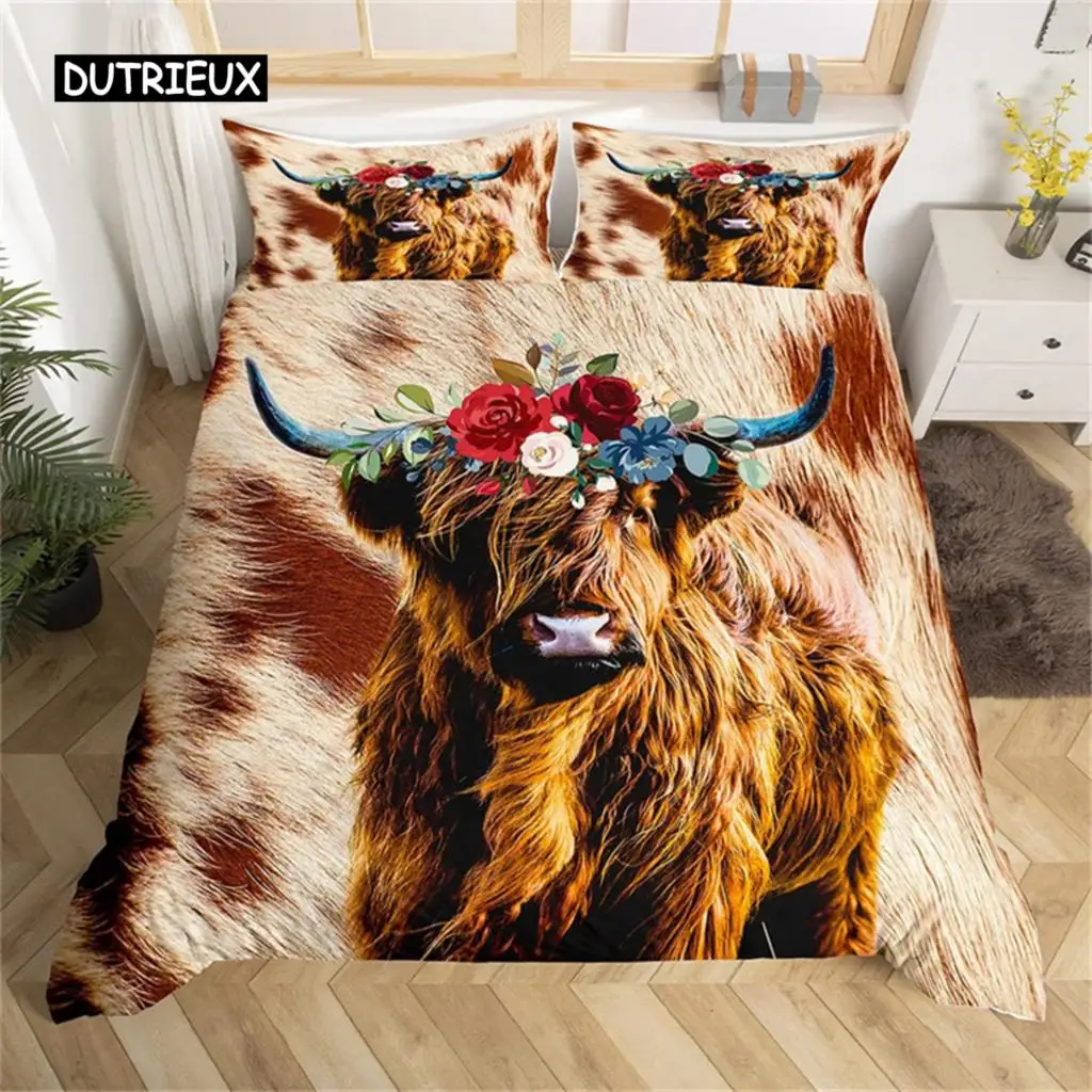 Duvet Cover Highland Cow Microfiber Western Farmhouse Animal Bedding Set Leopard Cow Skin Fur Floral Print Comforter Cover Room