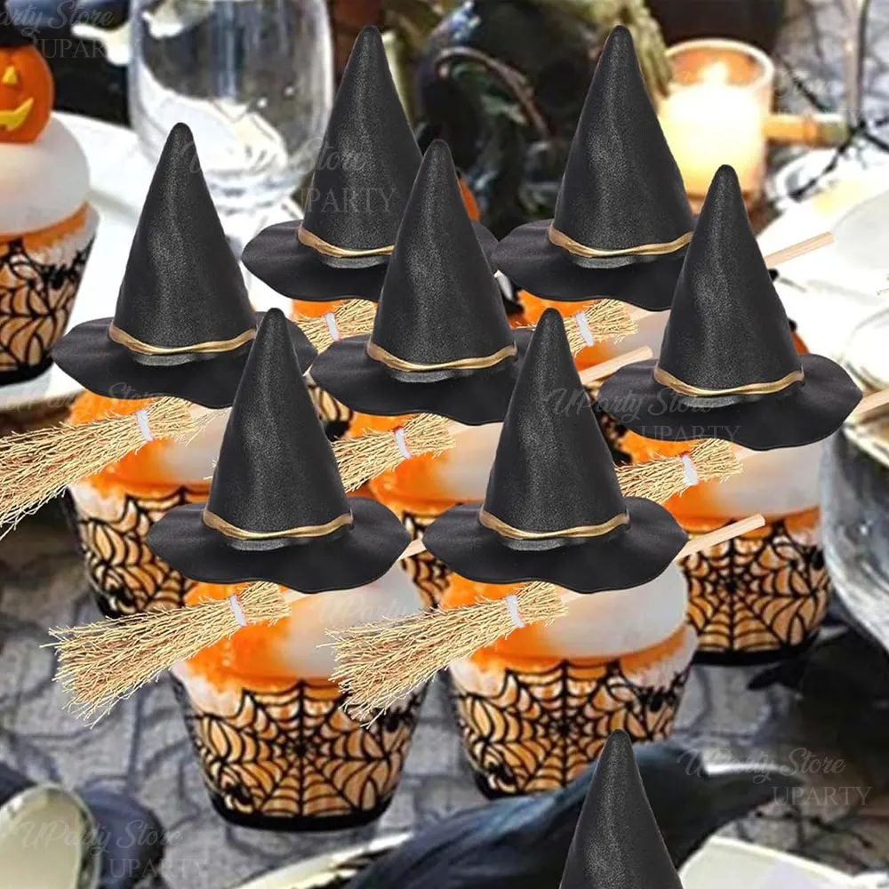 12 Stück Halloween Hexenhut Cupcake Topper Harz Hexenhüte Besen Kuchen Topper für Zauberer Geburtstag Happy Halloween Kuchen Dekor Favo – Detail 4