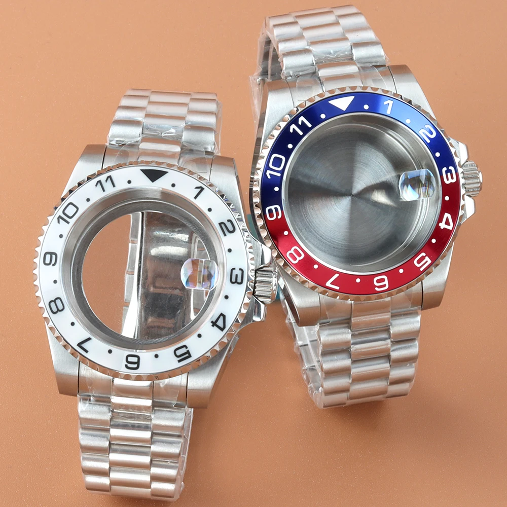 

White/Red Blue Bezel 40mm Case Presidential Strap Sapphire Glass Stainless Steel Watch Case Fit GMT NH34 NH35 NH36 NH38 Movement