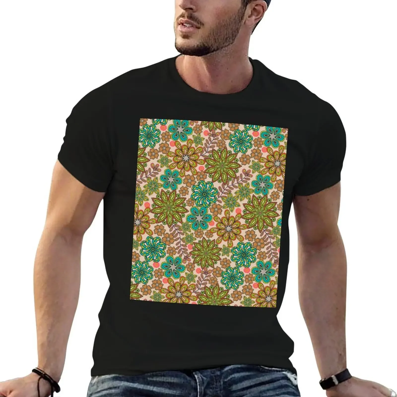 

PASSEMENTERIE Lacy Bohemian Embroidery Floral in Tropical Retro 70s Green Turquoise Coral Orange Yellow - UnBlink Studio T-Shirt