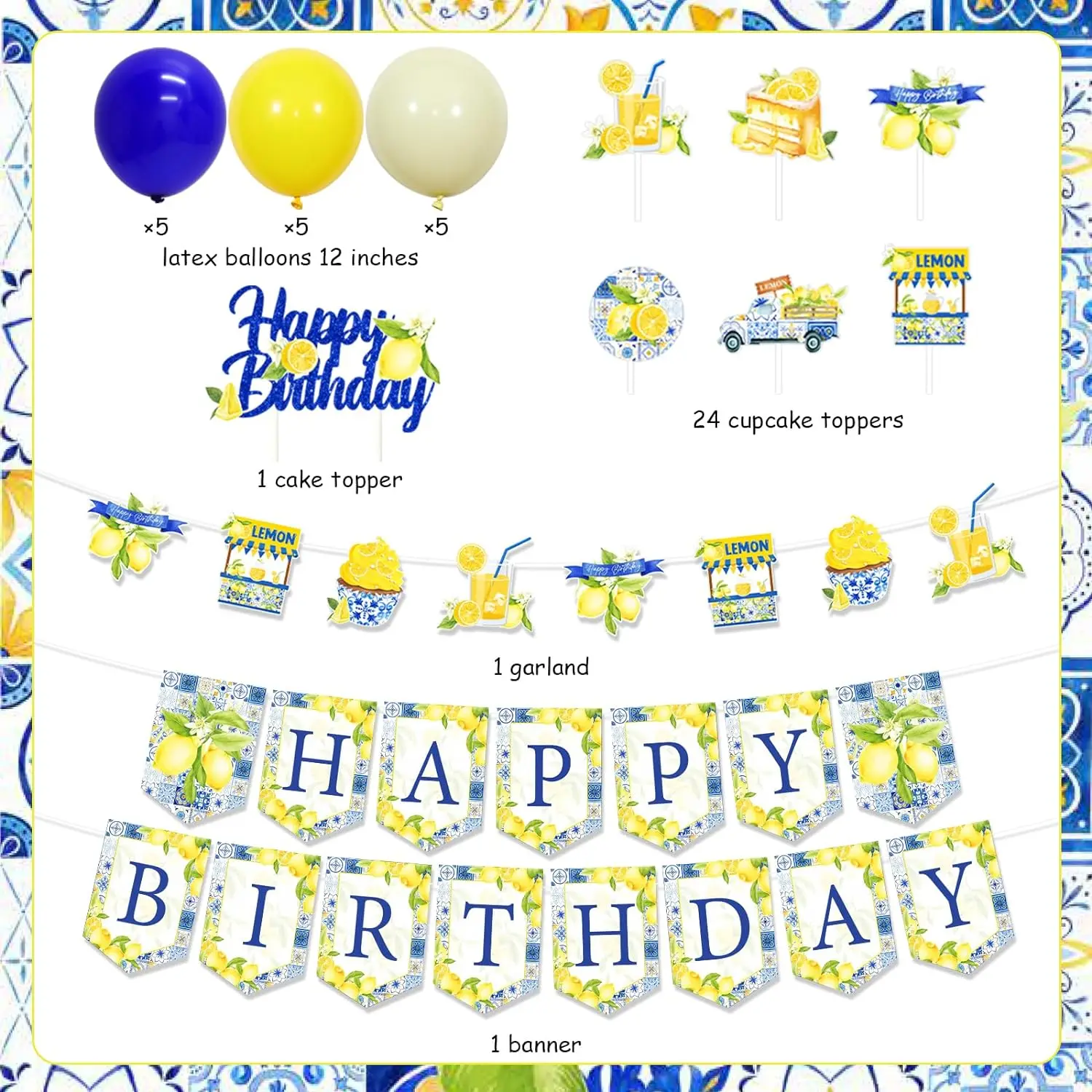 Imagem -05 - Telha e Lemon Theme Birthday Decor com Capri Happy Birthday Banner Lemon Guirlanda Cupcake Toppers Theme Party