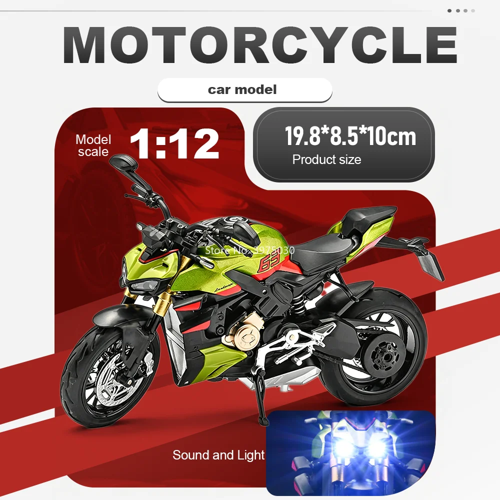 

1:12 V4S Motorcycle Alloy Diecast Car Miniature Toy Model Sound Light Front Wheel Steering Rubber Tire Vehices Gift for Children
