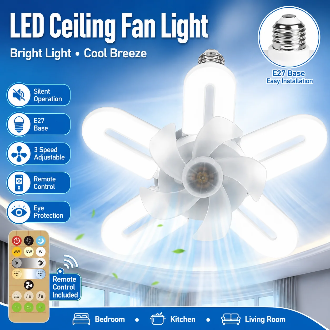 E27 Silent Ceiling Fan Light, with 3-Speed Adjustment and 3-Level Dimming, Suitable for Bedrooms, Kitchens, and Living Rooms