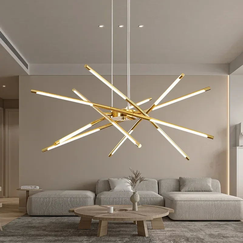 

Modern LED Gold Linear Chandelier For Living Dining Room Bedroom Lamp Fashion Creative Style Simple Design Hanging Light Fixture