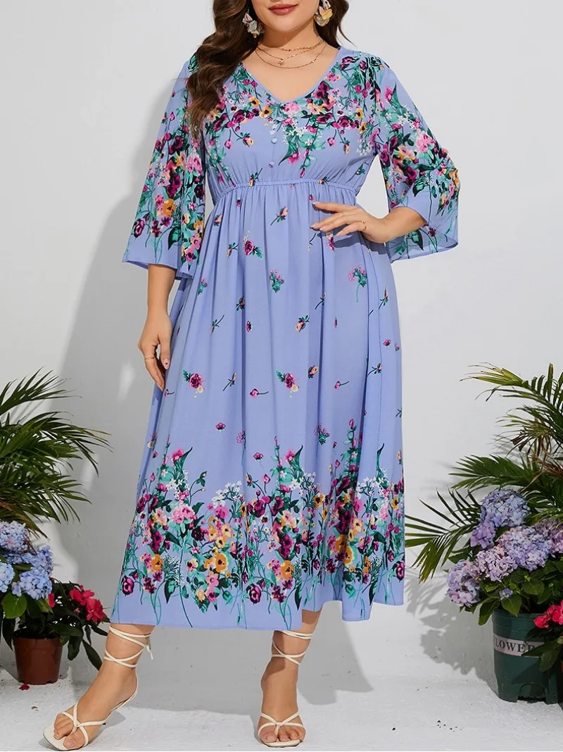 Women Fashion Vacation Elegant Casual Fragmented Flower Loose Dress Flare Sleeves V-Neck Elastic Waist Chiffon Long Dress