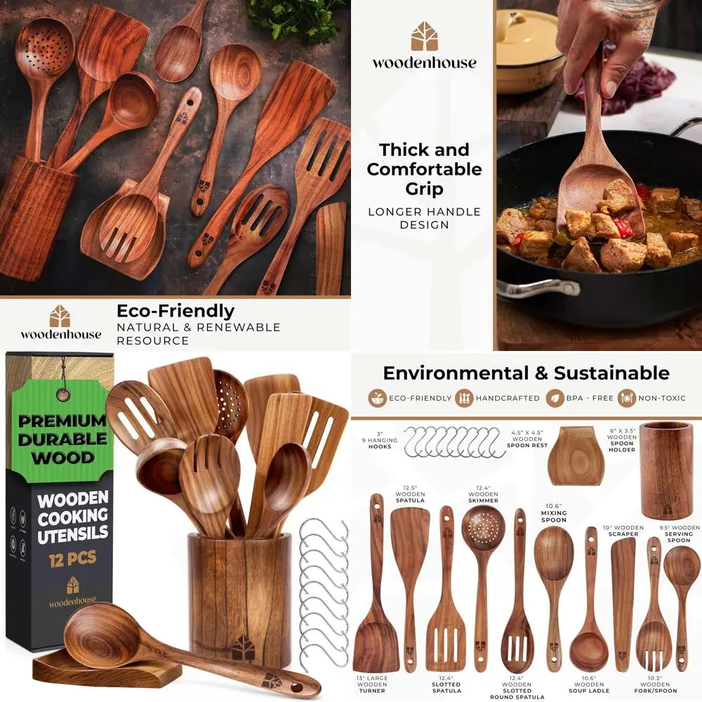 

Teak Wood Cooking Utensil Set with Holder and Hooks - 12-Piece Nonstick Kitchen Tools for Men and Women
