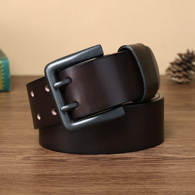 

4.3cm Wide Cowhide Belt for Men, Retro Youth Casual Double Needle Buckle Belt