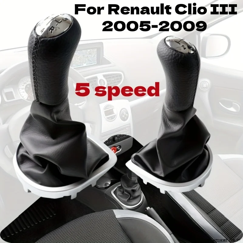 5 Speed Gear Shift Knob Boot for Renault Clio III 2005-2009 Black Leather Integrated Manual Shifter Lever Cover