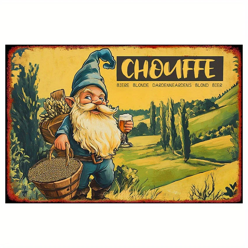 لافتة معدنية من La Chouffe Beer، لوحة فنية جدارية منقوشة برقائق الحديد، لوحة حديدية معلقة، ديكور داخلي/خارجي للمنزل، مطعم، B #1