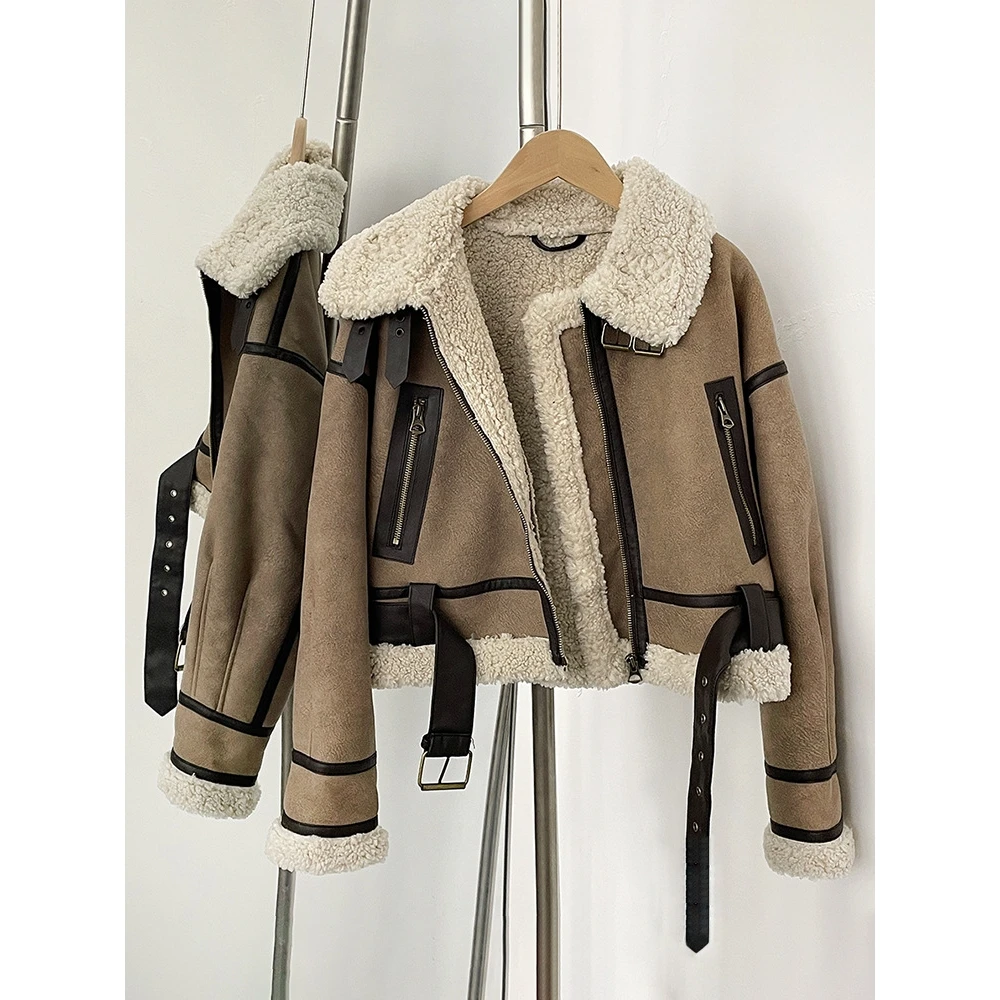 เสื้อแจ็คเก็ตมอเตอร์ไซค์สไตล์เรโทร ทำจากหนังแท้และขนแกะ  รุ่นใหม่ล่าสุดสำหรับฤดูใบไม้ร่วงและฤดูหนาว