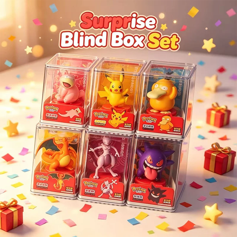 6個入りアニメコレクションフィギュアセット。ディスプレイケース付き。ゲンガー、ピカチュウ、ミュウツー、リザードン、ピカチュウ、スローポー。卓上オーナメント。