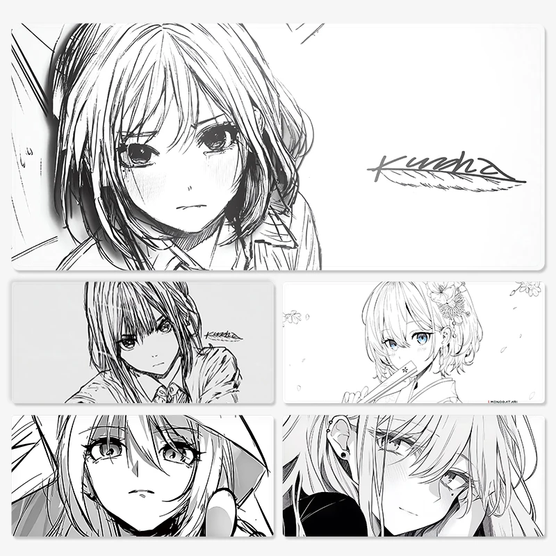 Alas Mouse Premium Black-And-White Line Girl Alas Keyboard Uniseks Bergaya Anime Ketebalan 4Mm dengan Tepi Terkunci Alas Mouse Desktop