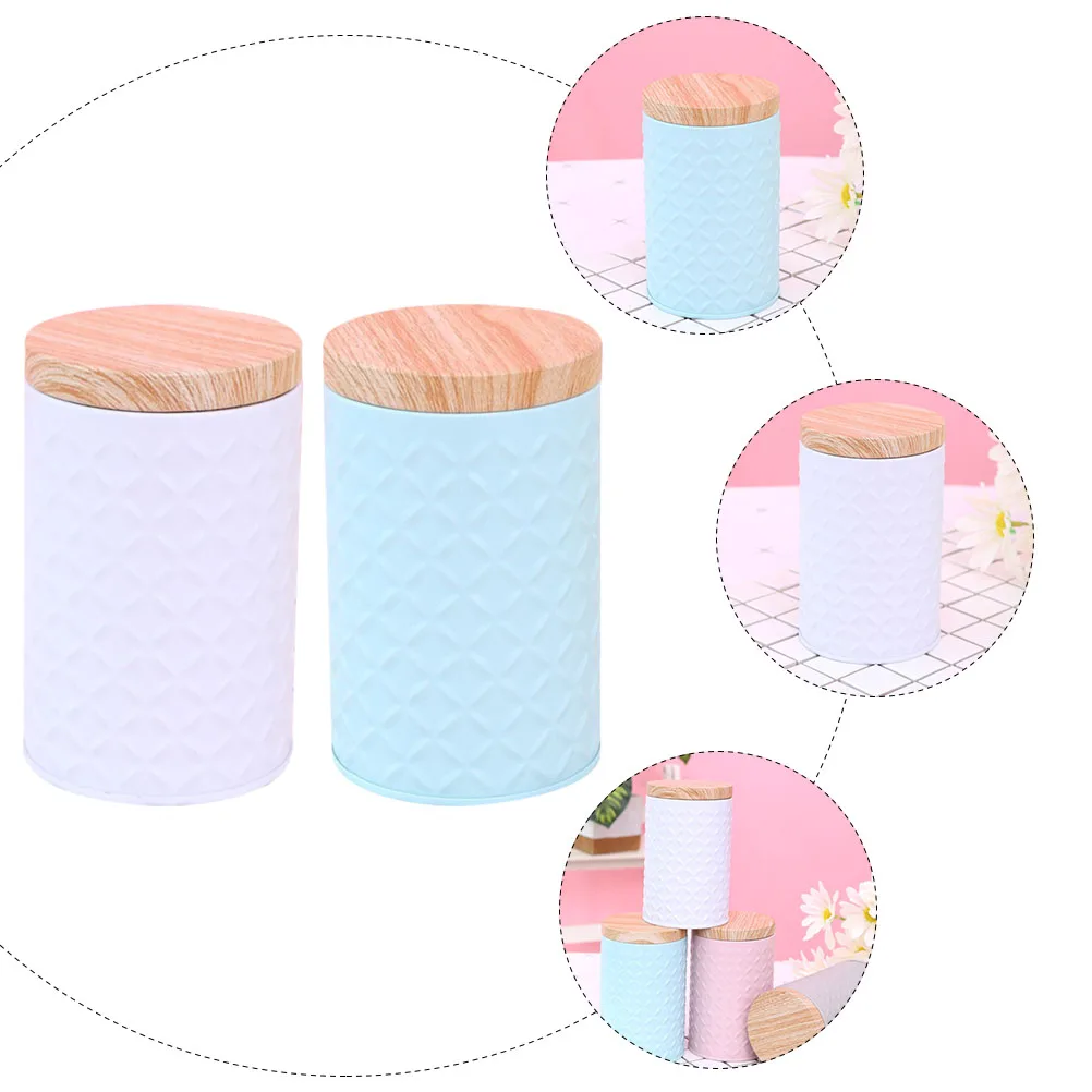 

2 Pcs Wood Grain Tea Box Jar Candy Container Household Iron Sealing Food Storage
