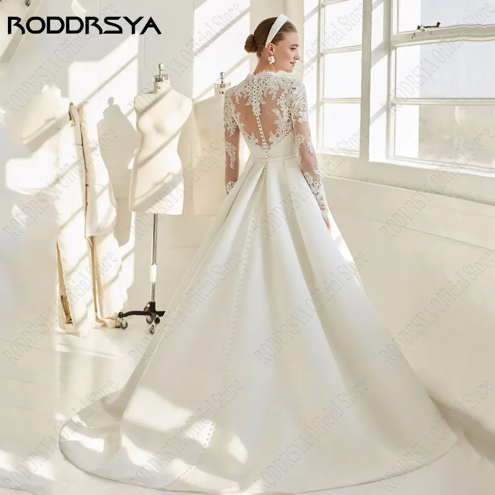 RODDRSYA Vintage Cetim Vestidos De Noiva 2024 Deep V-Neck Applique A-Line Vestidos De Noiva Mangas Compridas Lace Vestidos Novias BodaRODRSYA Vintage Cetim Vestidos de Noiva 2024 Deep V-Neck Applique A linha de vestido