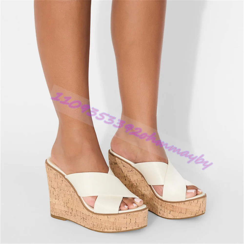Women'S White Cork Wedge Slides Crisscross Platform Sandals Open Toe Slip-On Mules Summer Casual Vacation Beach Comfort Shoes