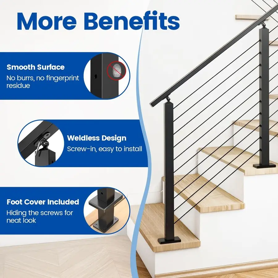 Aluminum Black Stair Cable Railing Post 36 Inch for 2535 Degrees Stair 36X2x2 Surface Mount Cable Railing System Kit Indoor Outd
