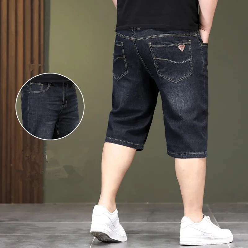 Summer Thin Denim Shorts Men Stretched Loose High Waisted Plus Size 40 44 46 48 Half Jeans Gray Black Capri Cropper Trousers