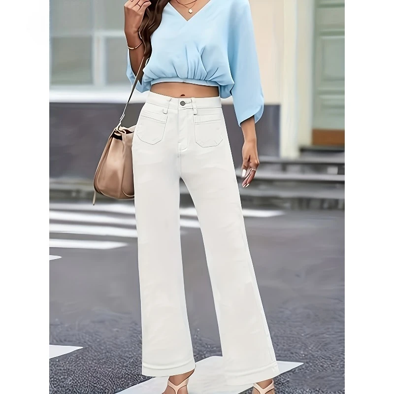 2026 New Pure White Ladies' Fashion Casual Joker Straight Pants, Solid Color Slim Straight Pants with Front Pocket Details.