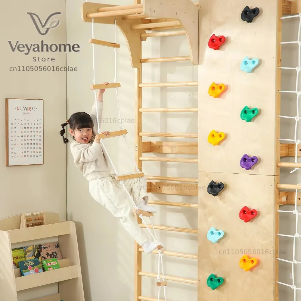 In Stock Indoor Monkey Bars Kids Wooden Climbing Frame Outdoor Solid Wood Wall Mounted Swedish Ladder for Toddler
