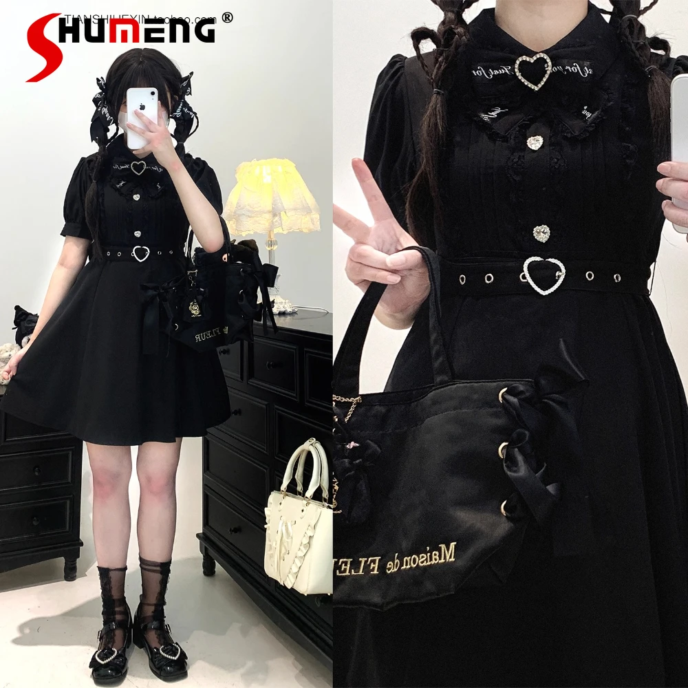 

Japanese Mines Style Elegant Sweet Doll Collar Bow Puff Sleeve Lace Patchwork Heart Buckle Belt Slim A-line Short Dress Women