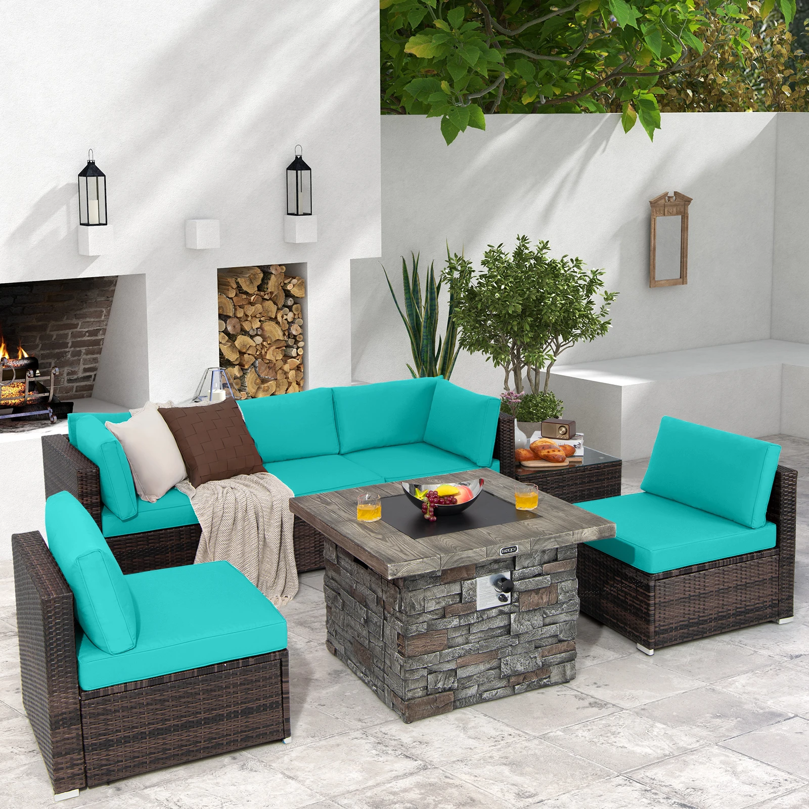 

7 PCS Patio Furniture Set with 50,000 BTU Fire Pit Table Wicker Sofa Set with Cushions Turquoise