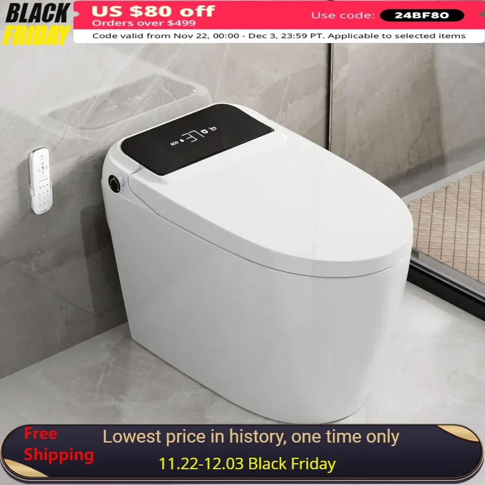 Smart Toilet with Elongated Seat, Built in Bidet, Warm Bidet, Auto Open&Close, Auto Flush, One Piece Toilet, Bidet Toilet