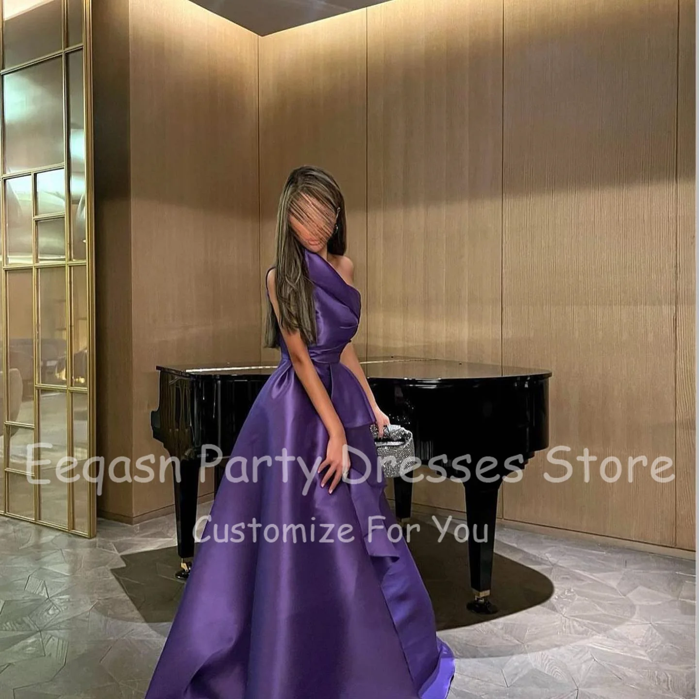 Eeqasn roxo uma linha de cetim vestidos de baile saudita árabe fenda um ombro plissados simples vestidos de noite feminino formal vestido de ocasião