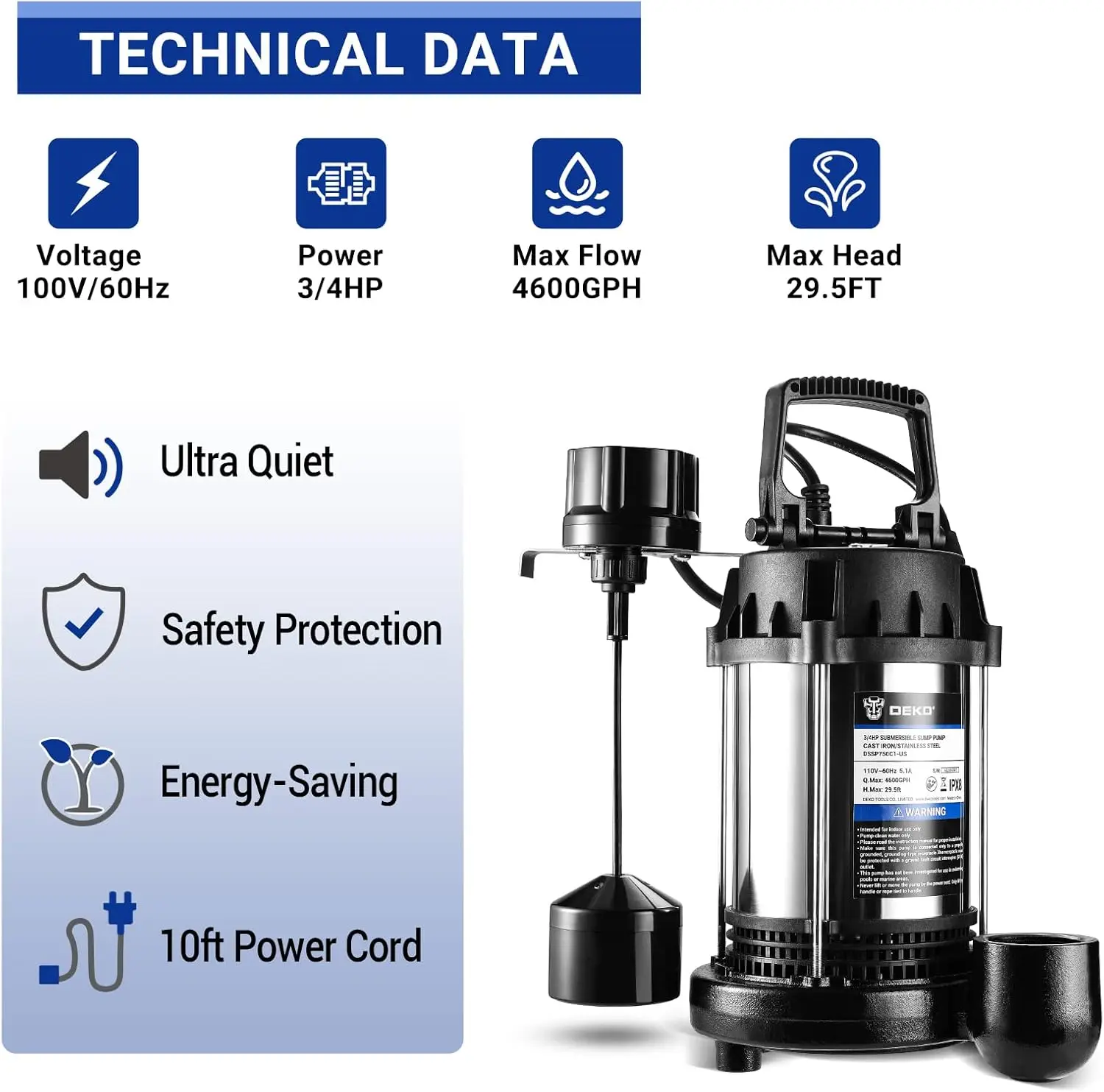 DEKO 3/4HP 4600GPH Sump Pump, Submersible Cast Iron and Stainless Steel Sump Pump with Integrated Vertical Float Switch