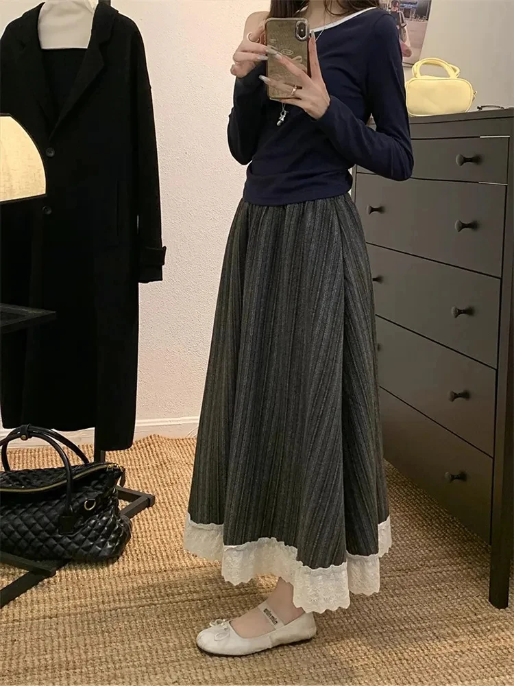 Woolen Retro Striped Long Skirts Women Fall Lace Patchwork High Waist A Line Skirt Vintage Loose Casual Sweet All Match Skirts