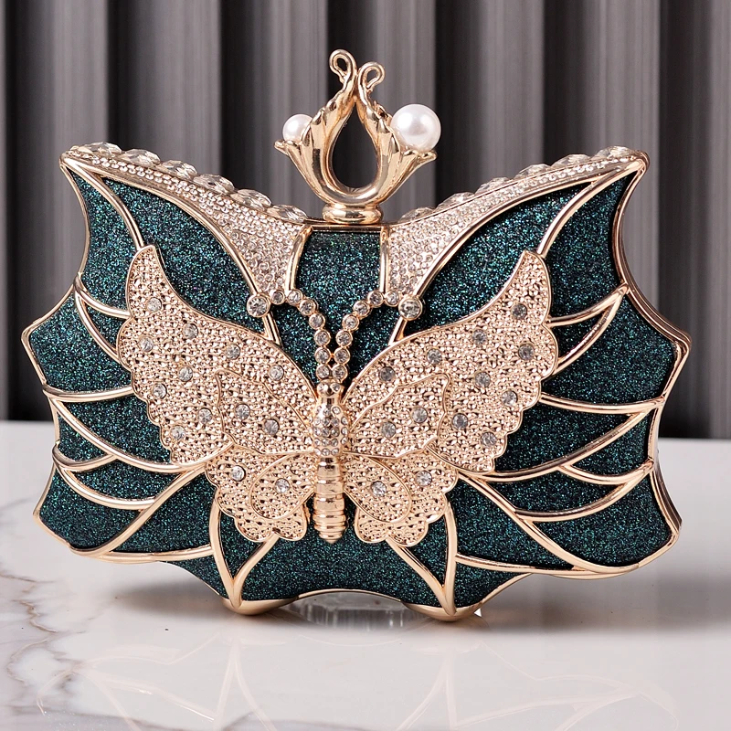 

Green Clutch Butterfly Shape Handbags Elegant Luxury Brands Women's Bag Pearl Hasp Crystal Ladies Shine Shoulder Bag for Wedding