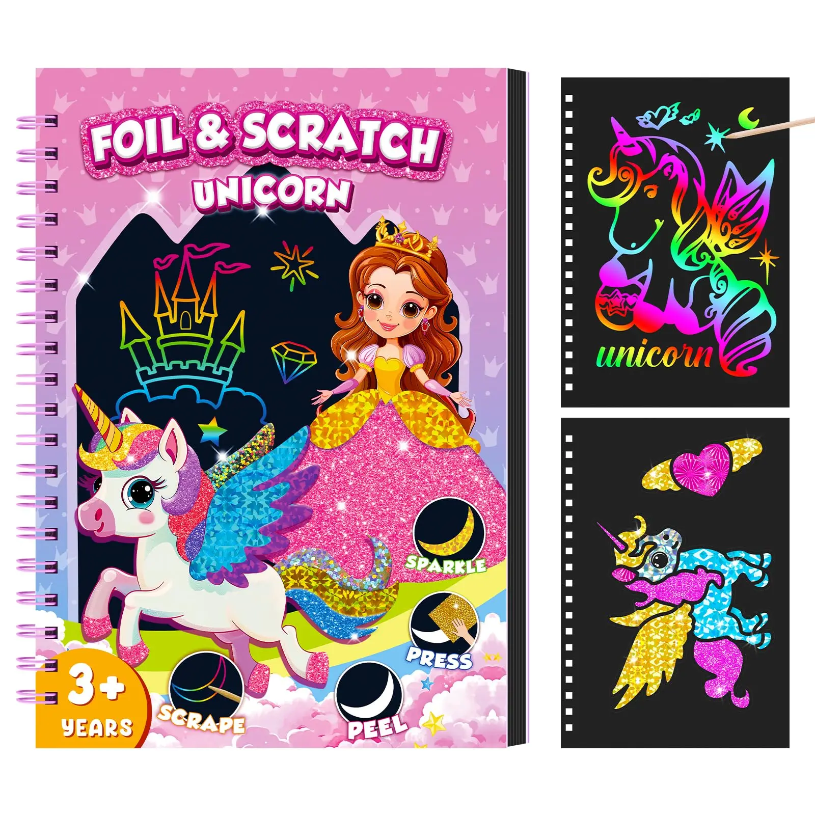 

Unicorn Foil Sticker Book and Scratch Art Paper for Kids, DIY Creative Activity Kit, Gifts for Girls Ages 4-9, Travel Toys