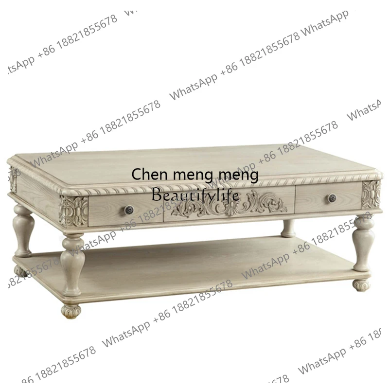

-American country solid wood white old long coffee table double-sided drawer small apartment
