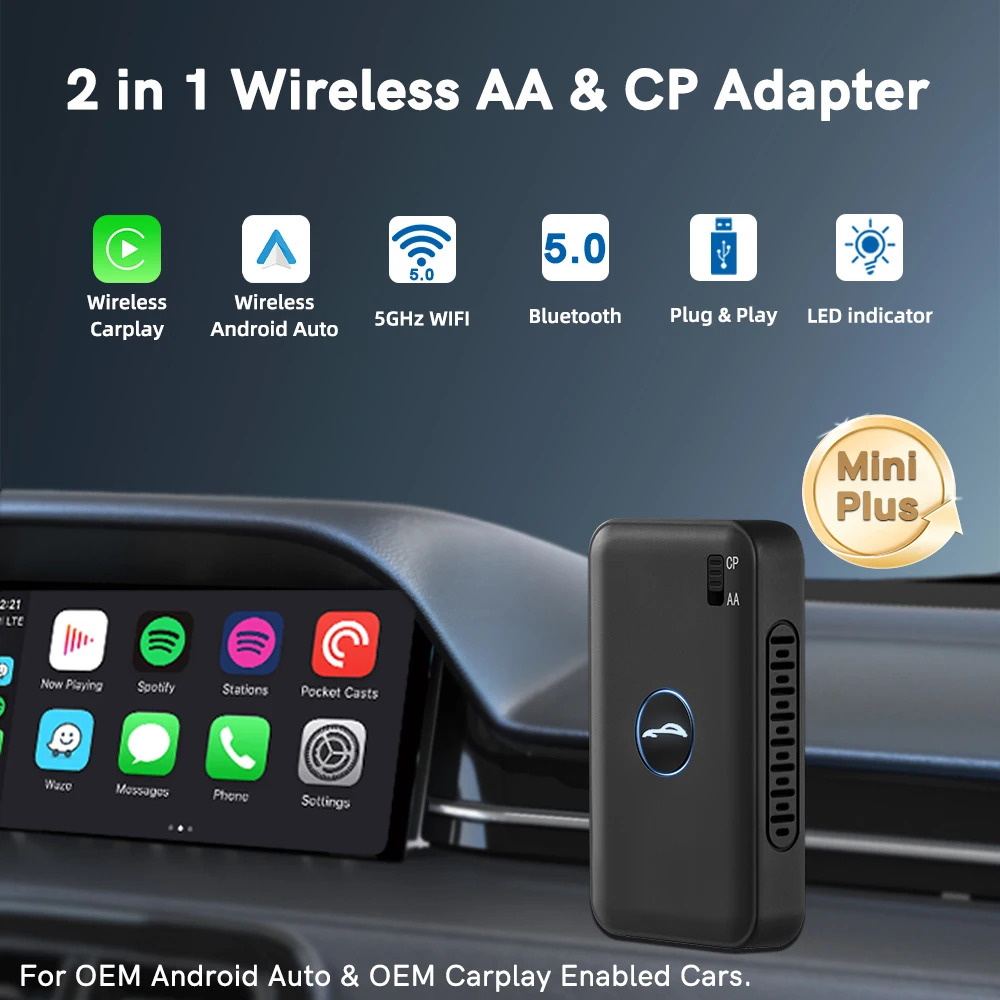 

LED Mini 2 в 1 беспроводной Carplay и Android автомобильный адаптер для автомобиля проводной и беспроводной Bluetooth WiFi автоматическое подключение Smart Car Ai Box