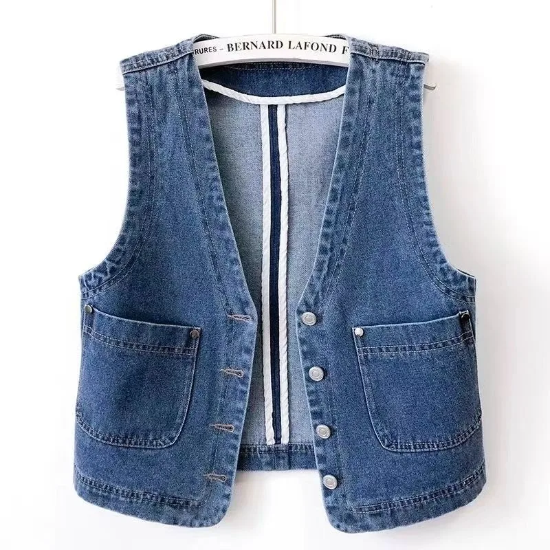 Hong Kong Version Retro Sense Denim Vest Short Style New for Spring and Fall 2024 Fallow Collarless Vest All-match Look Slimmer