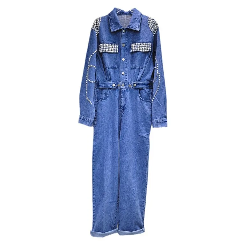 Barang Eropa 2024 Jumpsuit baru musim gugur Jumpsuit wanita kelas atas saku manik-manik pinggang ramping Denim dicuci Jumpsuit jalan Hipster