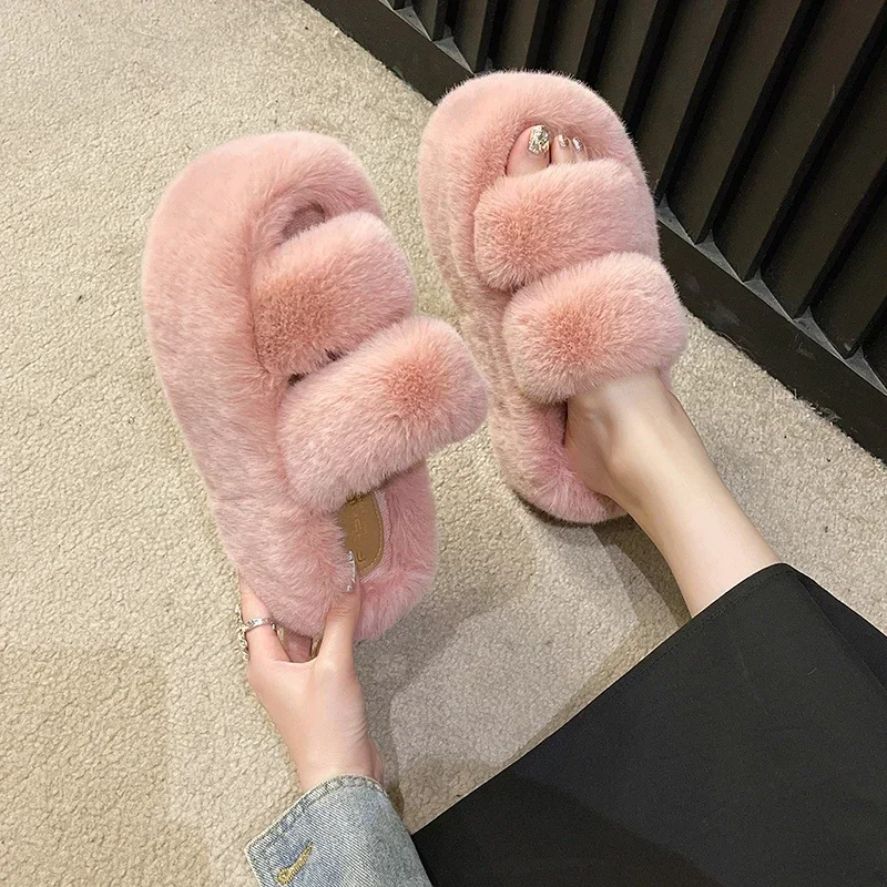 Kobieta Furry Ladies Fur Luxury Fluffy Plush Slipper House Soft Fuzzy Platform Indoor Casual Winter Home Warm High Heels Female