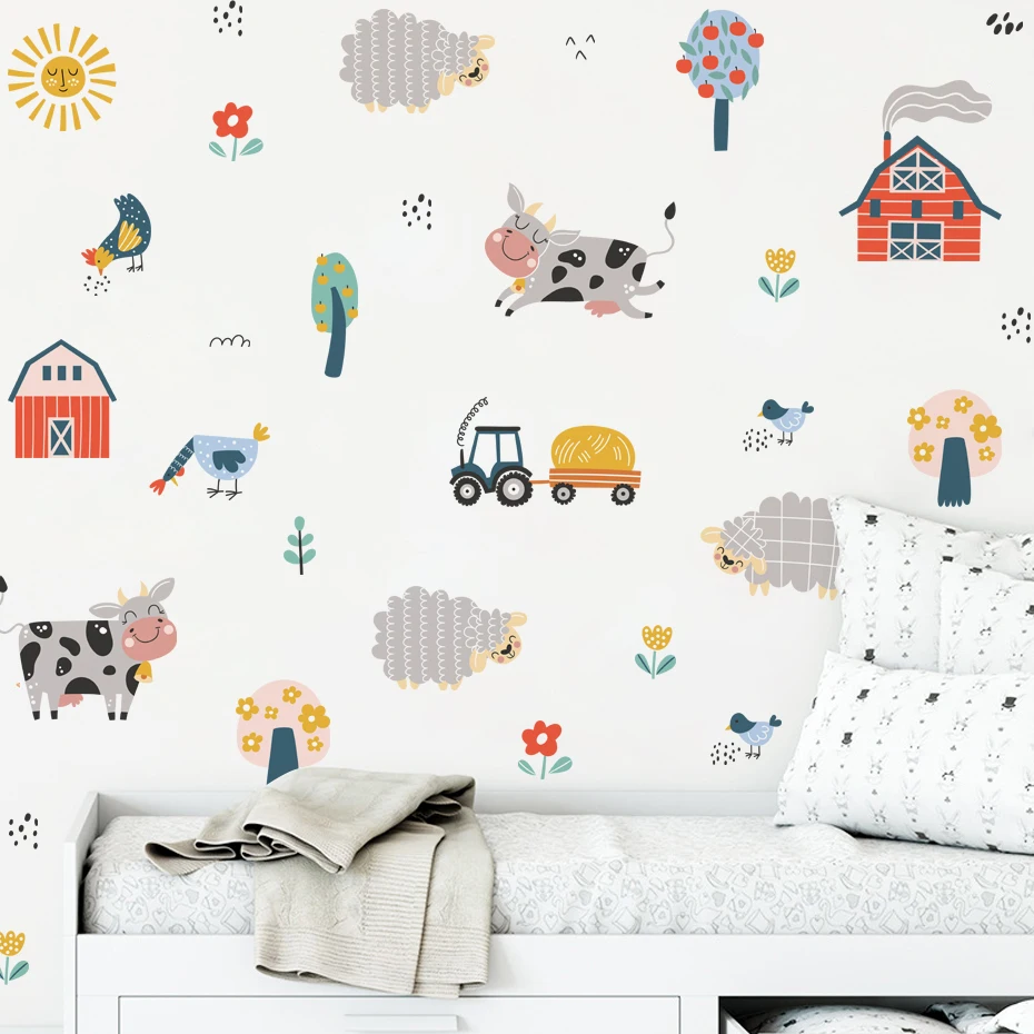Cute Farm Animal Cow Chick Wall Stickers for Kids Rooms Boy Baby Room Decoration Children's Wall Decals Interior Sticker Nursery