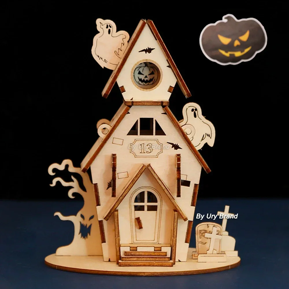 URY New 3D Wooden Puzzle Halloween Holiday Gift Ghost Tree House DIY Model Assembly Craft Kits Desk Decoration For Kids