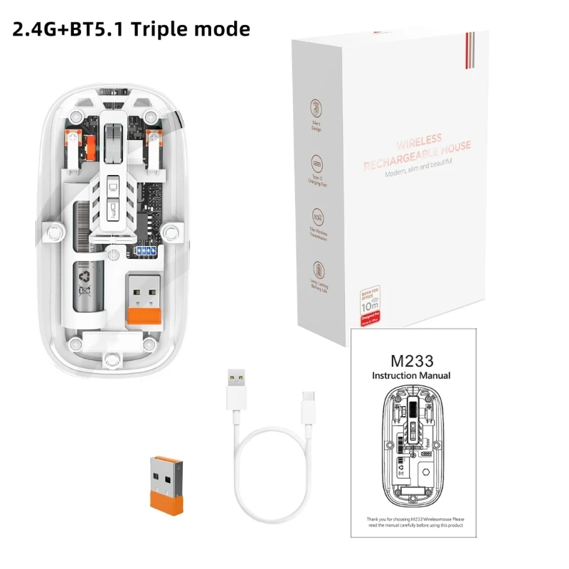 M233 무선 클리어 마우스 충전식, 사무실 및 게임용 Type-C 충전 포트