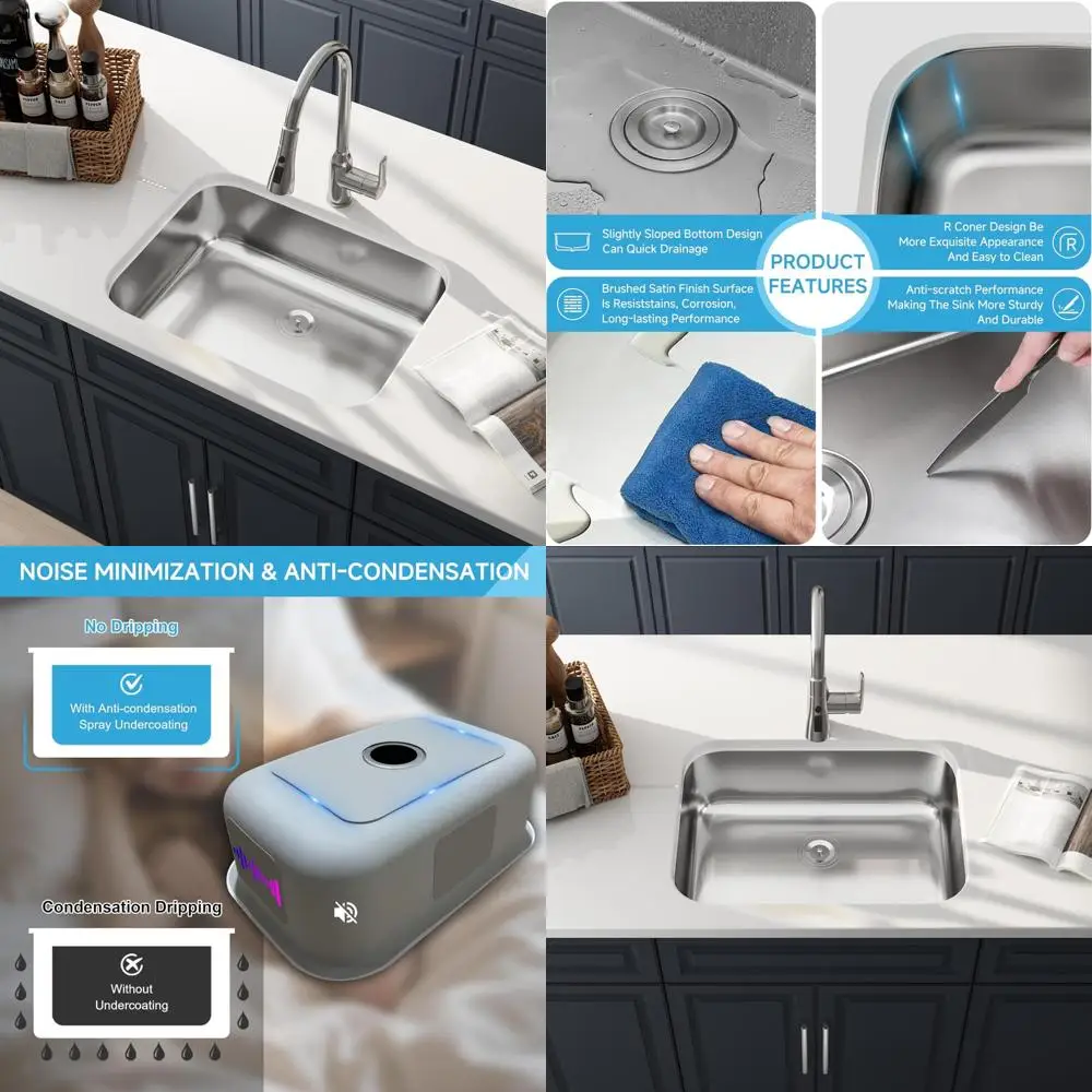 

Stainless Steel 27 Inch Single Bowl Undermount Kitchen Sink with Curved Design in Brushed Nickel Finish